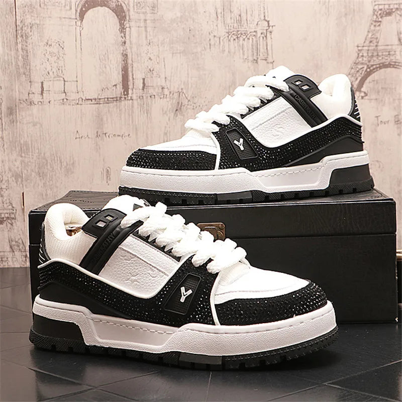 New Fashion Men's Lace-Up Two Tone Mixed Platform Casual Rhinestone Board Shoes Flats Outdoors Walking Footwear Zapatos Hombre