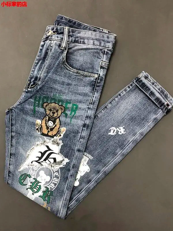 New Arrival Slim Fit Denim Jeans Cute Cartoon Bear Print for Men's Casual Spring Autumn Stretch Slim Jeans Hombre Graphic Jeans