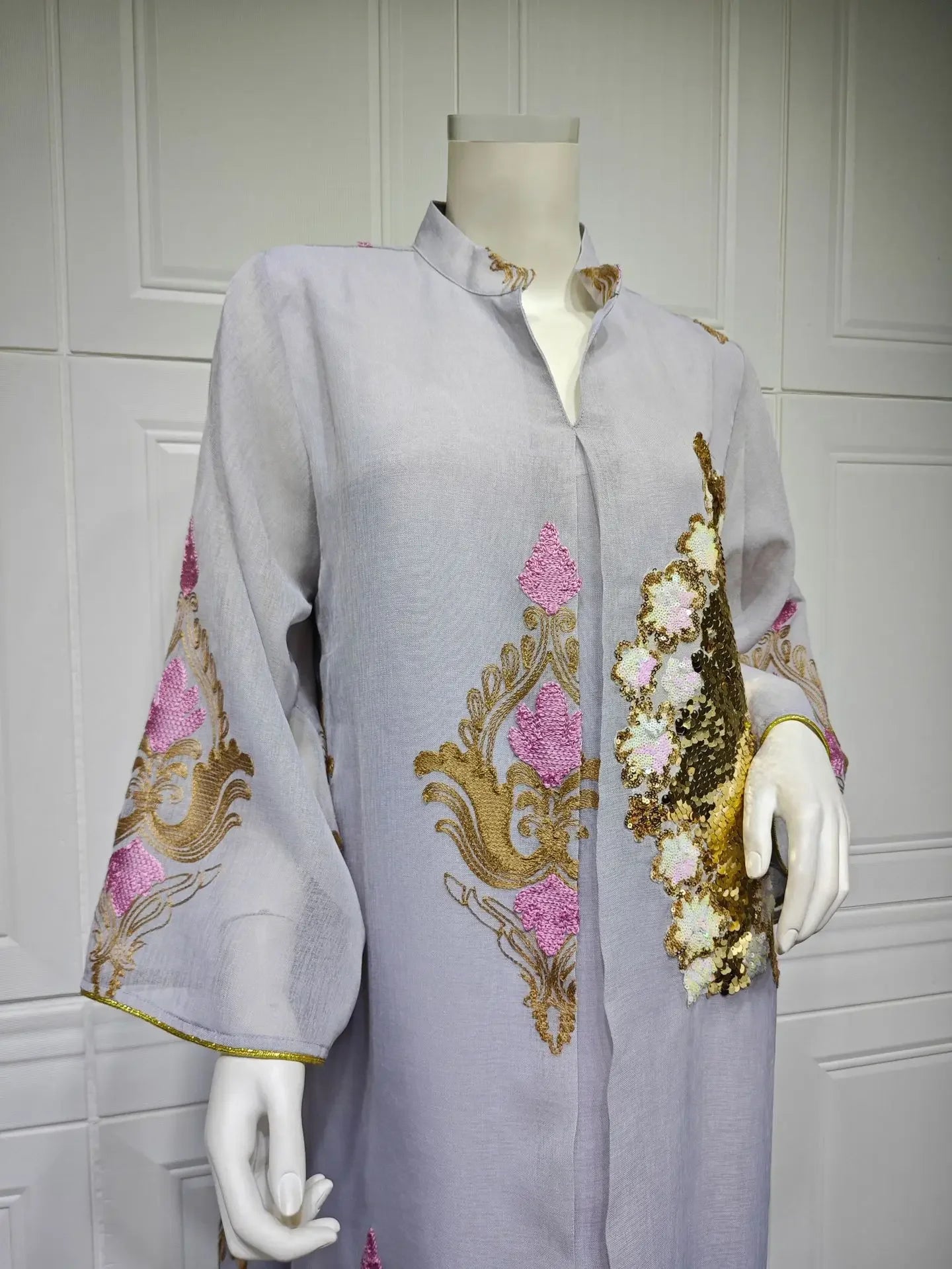 Mesh Sequins Embroidered Abaya Dress for Women Winter 2024 Middle East Arab Oman Dubai Muslim Moroccan Caftan Party Clothes Eid