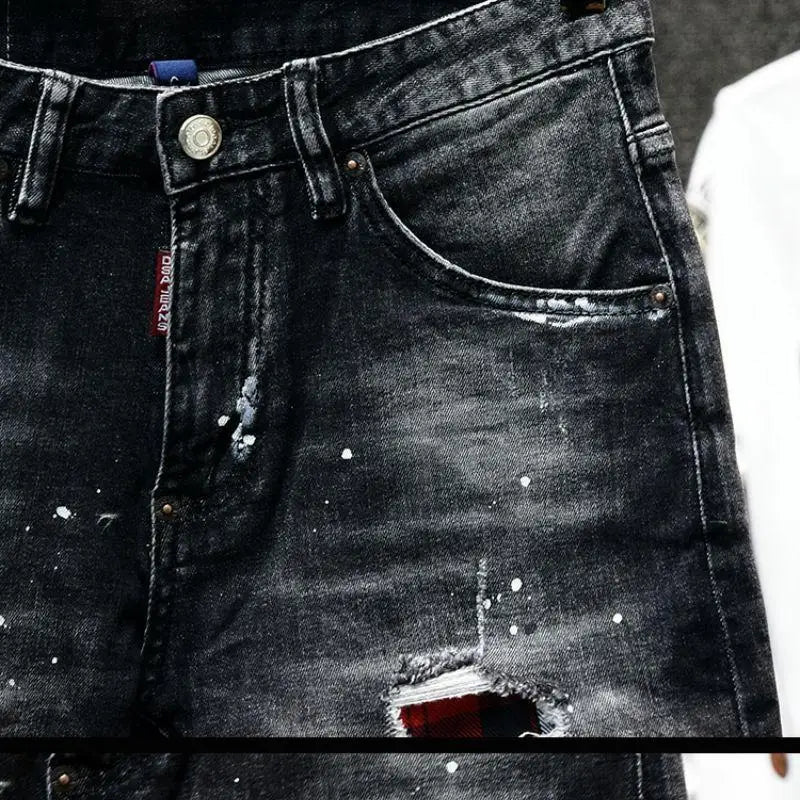 Luxury Brand Designer Clothes Men's Casual Denim Knee-Length Shorts Summer 2024 Fashion Black Patches Paint Jeans Shorts Men