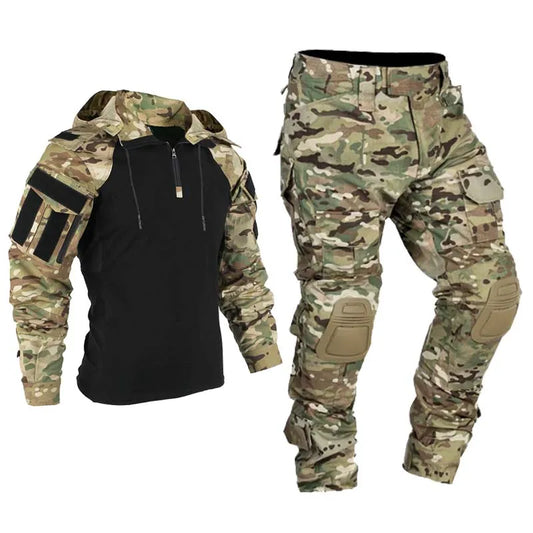 Outdoor Paintball Tactical Suits Uniform Camo Hunting Pants with Pad Airsoft Clothes Sets Combat Shirts with Hood Wear Resistant
