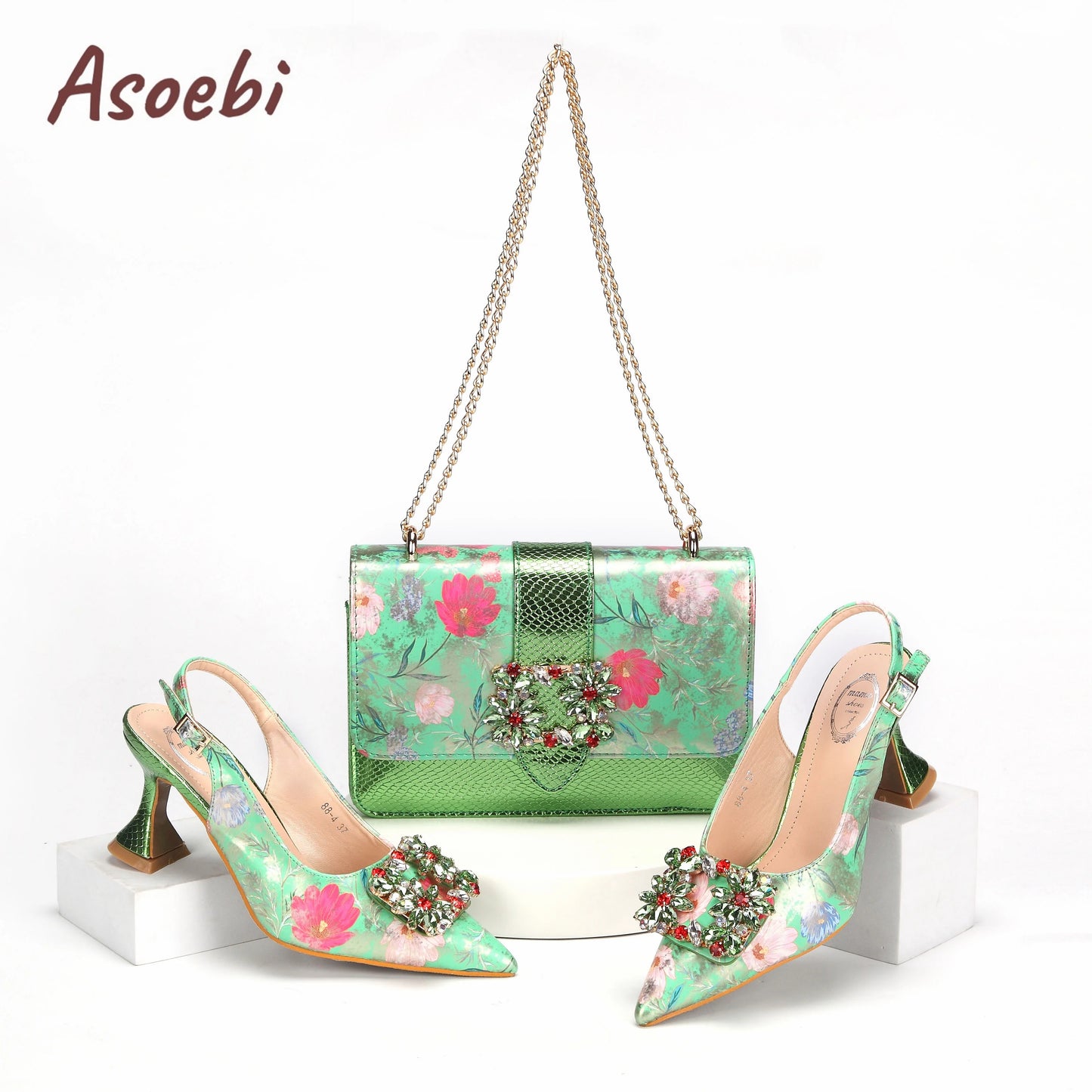 Women High Heels Sandals Printing Flower Material with Rhinestone Italian Design Coffee Color Pointed Toe Shoes and Bags Set