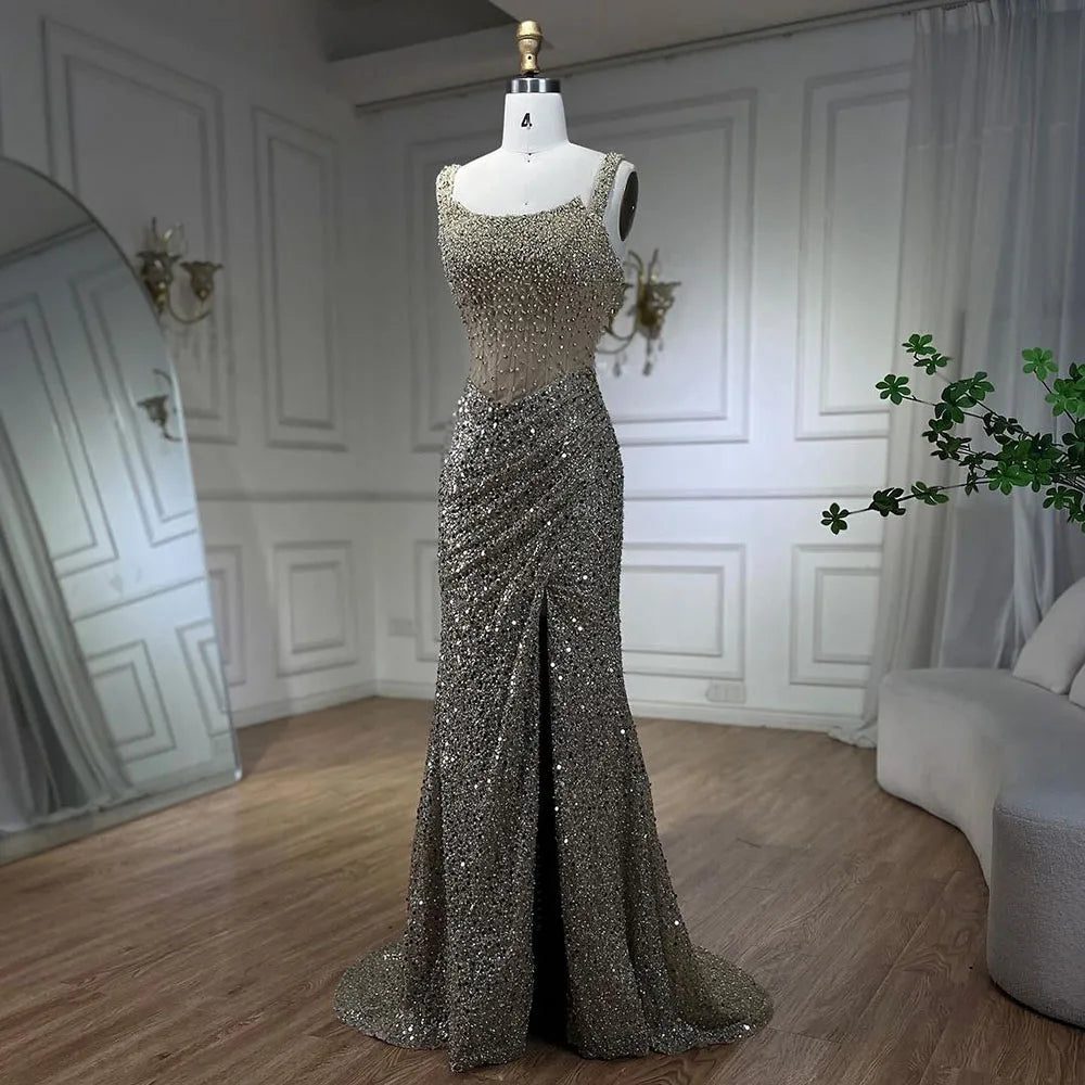 Serene Hill Beige Mermaid Floor Length Evening Gowns Luxury Beaded Crystal Spaghetti Strap Party Drsses For Women 2024 LA72163
