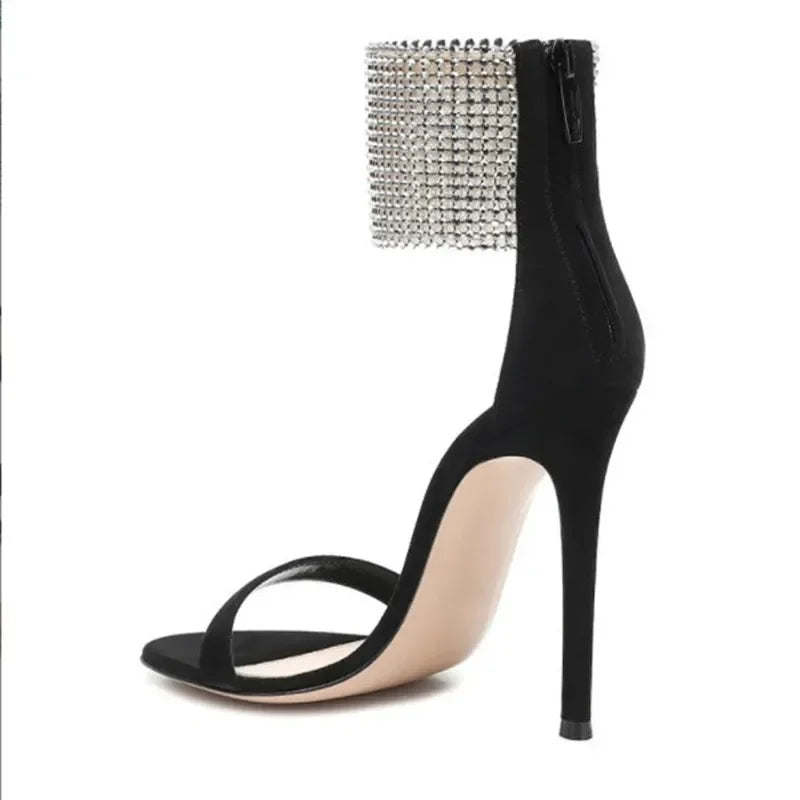 2024 Summer New Rhinestone Stiletto Sandals for Women Sexy Open Toe Faux Suede Back Zipper Super High Heels Wedding Party Shoes