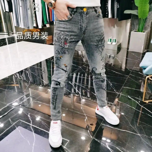 High-end European Korean Men's Slim Fit Jeans with Tiger Diamond Print for Casual Wear Spring Autumn Stretch Luxury Clothing Men