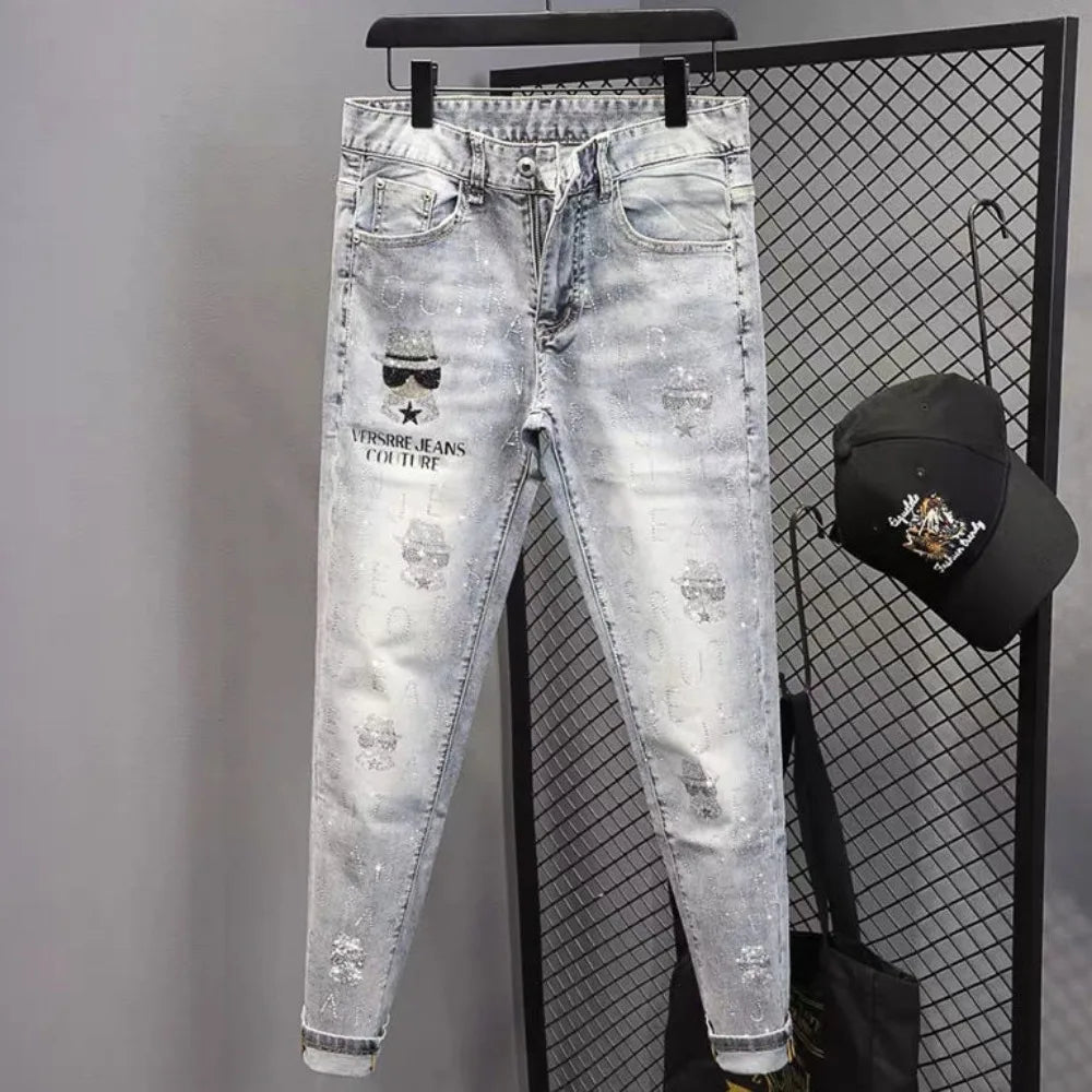 New Arrival Fashion Luxury Brand Designer with Print Hip-hop Boyfriend Men's Slim Luxury Denim Jeans Pants Cowboy Pants for Men