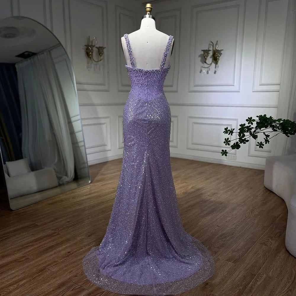 Serene Hill Beige Mermaid Floor Length Evening Gowns Luxury Beaded Crystal Spaghetti Strap Party Drsses For Women 2024 LA72163