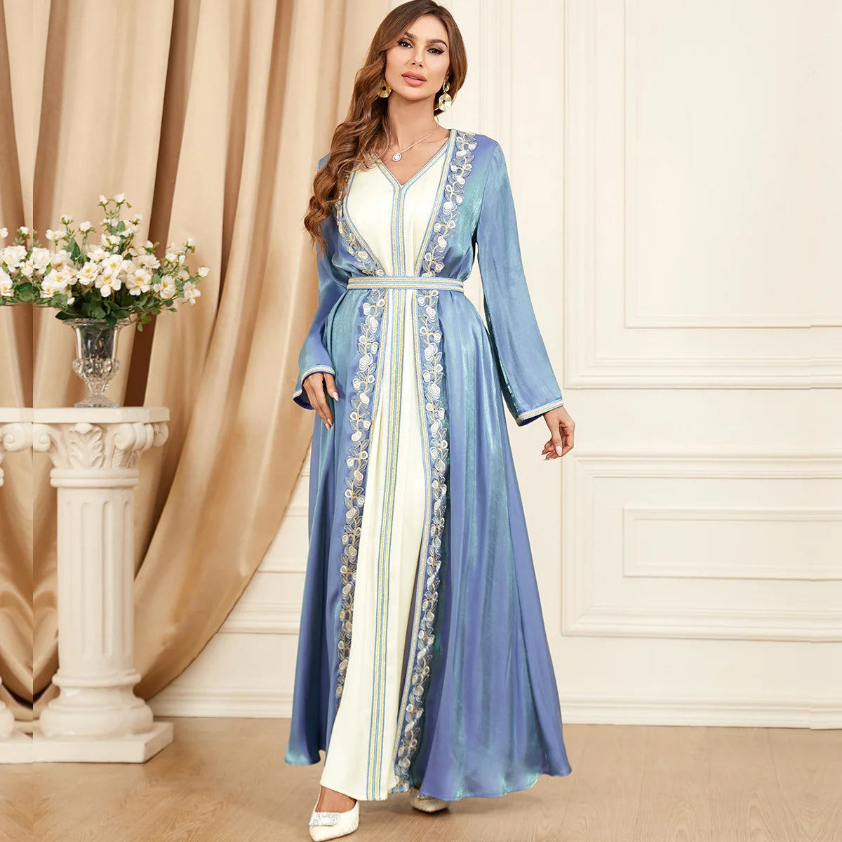 Middle East Evening Dress Set for Women, Muslim Fashion, Islamic Women's Gown, Ramadan, Dubai, Saudi Arabian, New, 2 Pcs