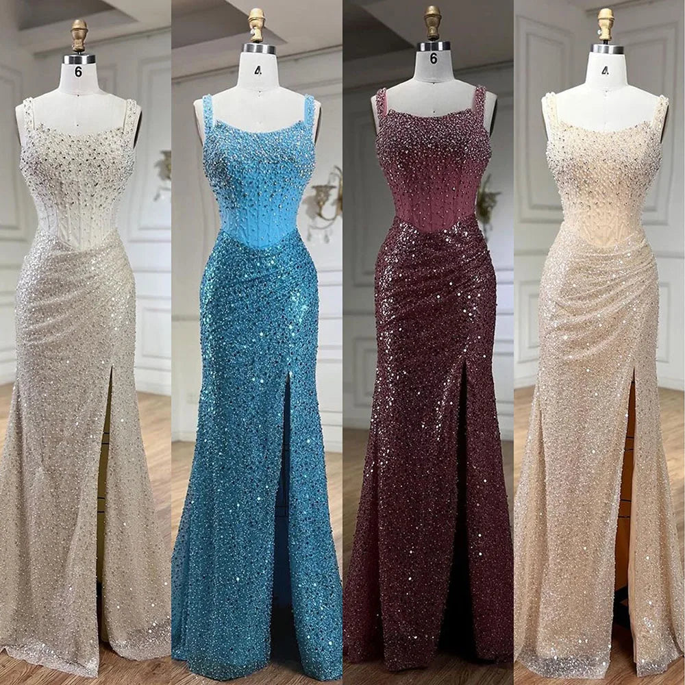 Serene Hill Beige Mermaid Floor Length Evening Gowns Luxury Beaded Crystal Spaghetti Strap Party Drsses For Women 2024 LA72163