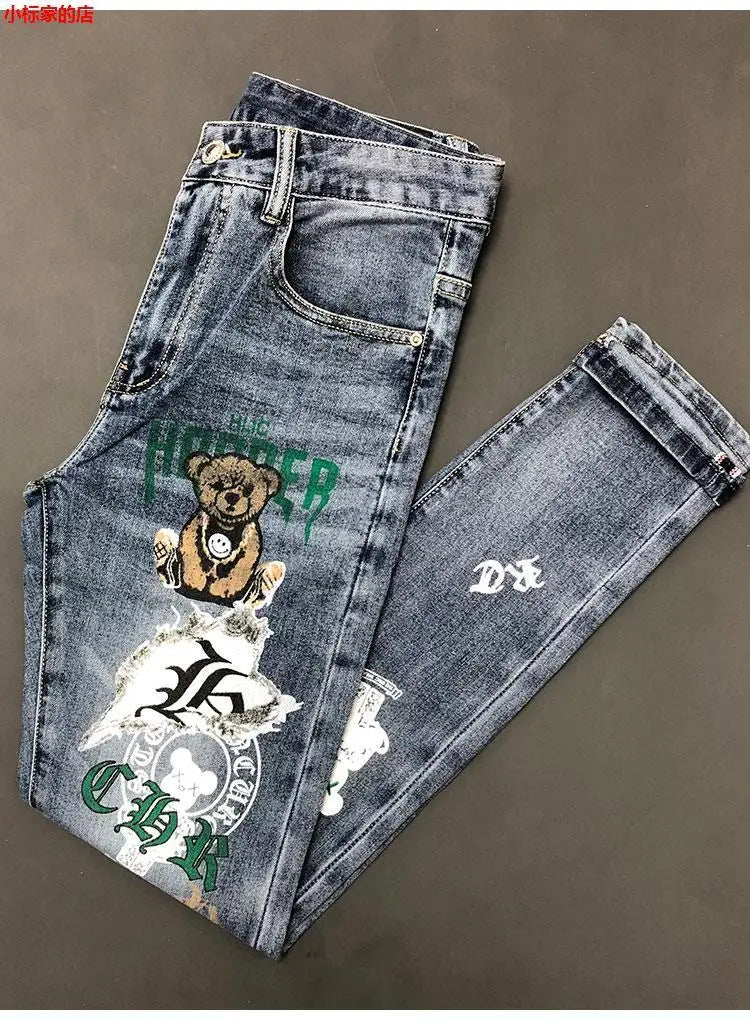 New Arrival Slim Fit Denim Jeans Cute Cartoon Bear Print for Men's Casual Spring Autumn Stretch Slim Jeans Hombre Graphic Jeans