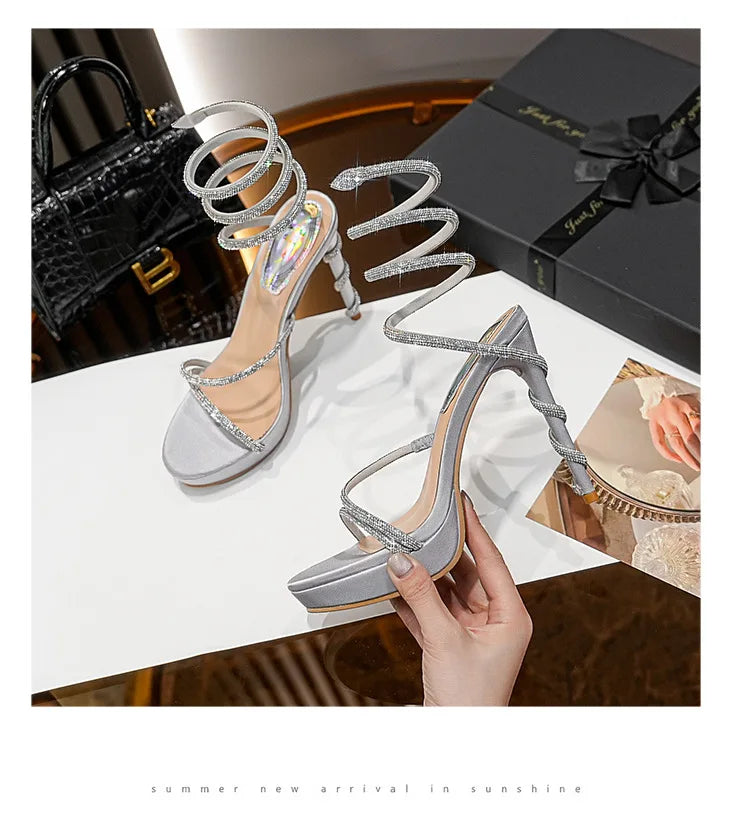 Summer new round toe waterproof table snake-shaped rhinestone women's shoes thin high-heeled banquet dress versatile sexy sandal