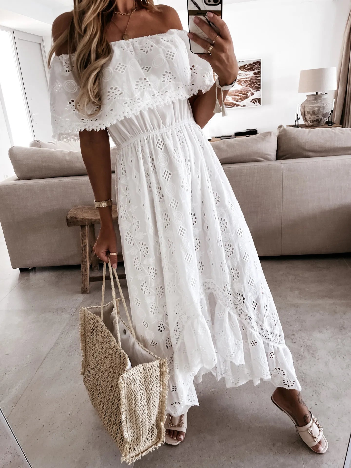 Women Casual Bohemian Style Long Dress Sexy Strapless Off The Shoulder Lace Tassel High Waist Big Hem Hollow Out Vestidos Summer