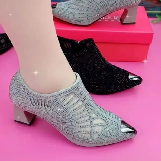 2023 New Women Thick-heeled Mid-heel Pointed Toe Side Zipper Sandals Women's Boots Sexy Rhinestone Fashion Shoes on Heels