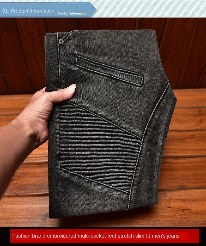 Motorcycle Jeans Black and Gray for Men 2024 Fashion Rock Skinny Pants Personality Stitching Vintage Men's Skinny Trousers