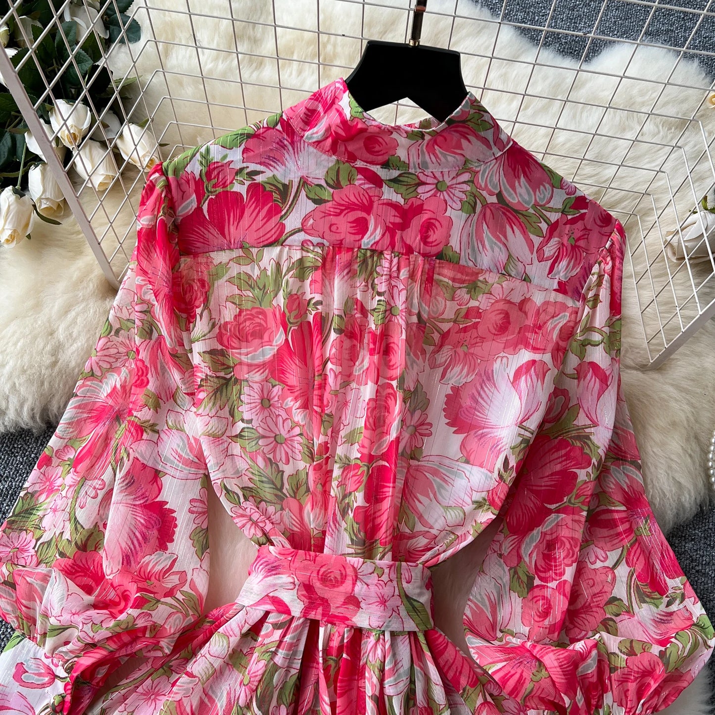 Retro Print o neck  lool sleeve sashes Single Breasted Dress A-line Casual High Waist Women Summer chiffon Dresses