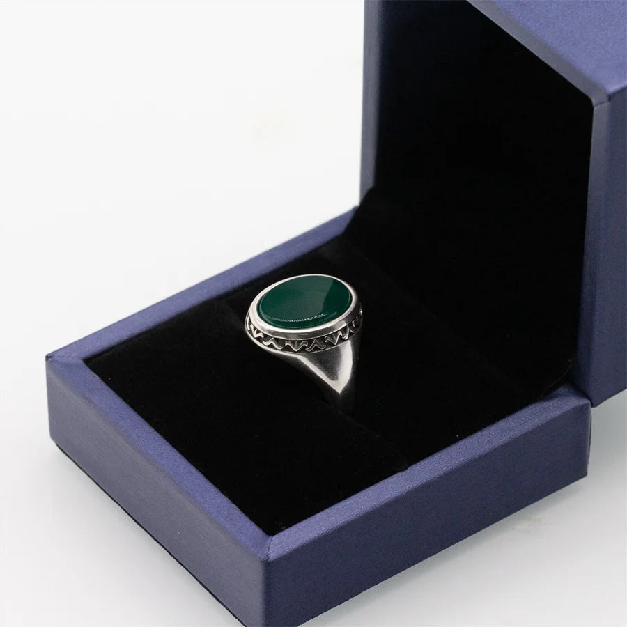 100% Solid Real S925 High Quality 8g Pure Silver Men Ring  Agate Green Fashion Couple Gift