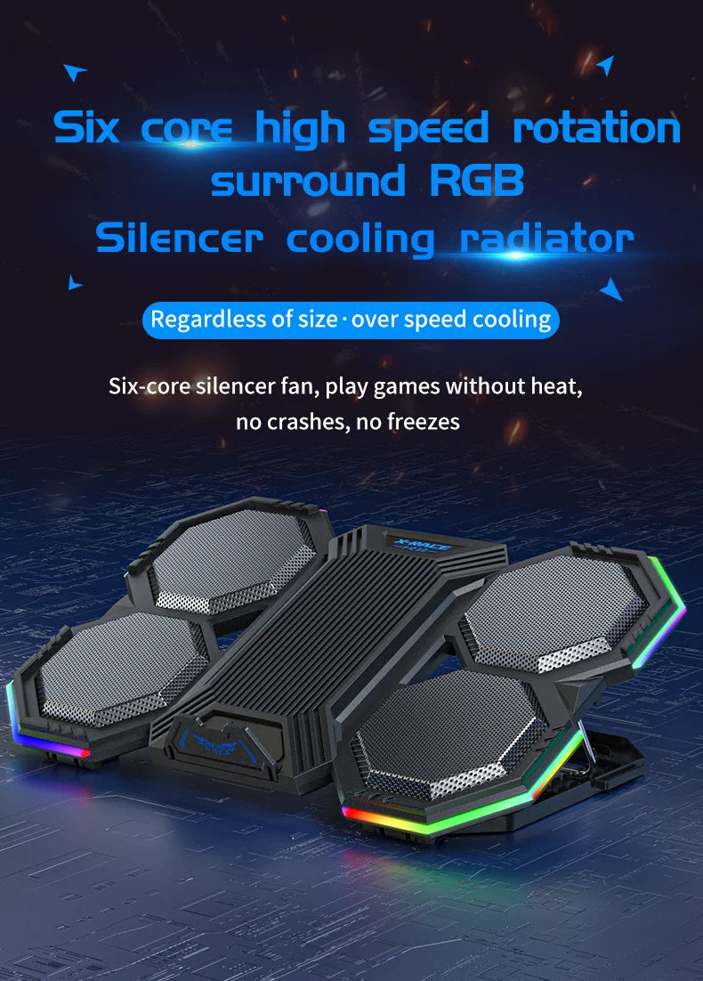 Laptop Cooler Cooling Pad 6 Fans Rgb Laptop Cooling Stand Cooler Radiator Base Notebook Holder with LED Phone Expansion Holder