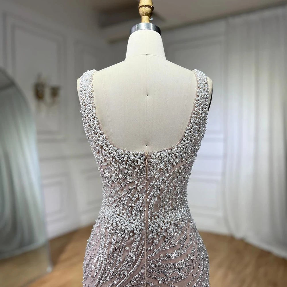 Serene Hill White Nude Spaghetti Strap Mermaid Evening Dresses Gowns Luxury Pearls Beaded For Women Wedding Party 2024 LA72266