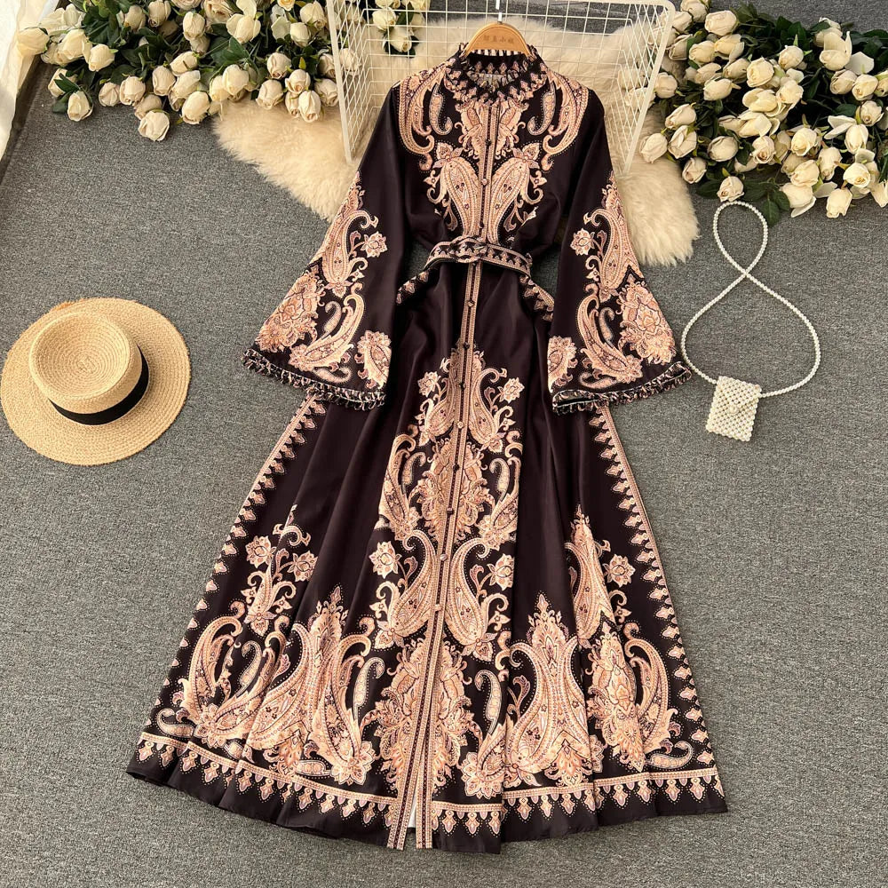 Spring Autumn Retro Long Dress Women Standing Neck Flared Sleeve Printed Party Dresses Ladies Slim A-line Court Style Long Robe