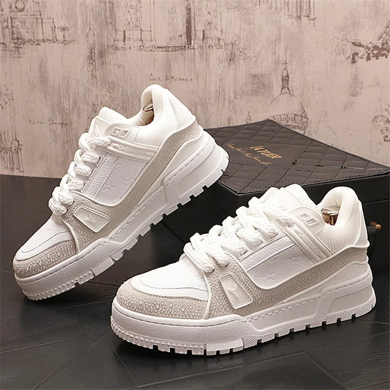 New Fashion Men's Lace-Up Two Tone Mixed Platform Casual Rhinestone Board Shoes Flats Outdoors Walking Footwear Zapatos Hombre