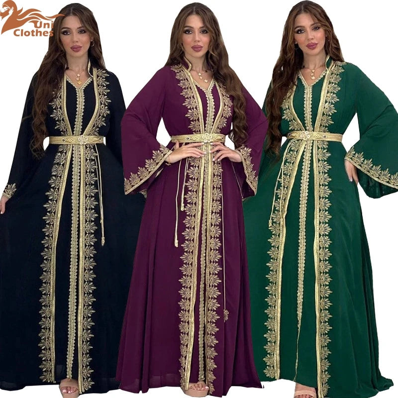 Muslim Sets Women Embroidery Evening Dress Dubai Abaya Turkey Kaftan Eid Djellaba Ramadan Morocco Caftan Jalabiya Vestido AB422