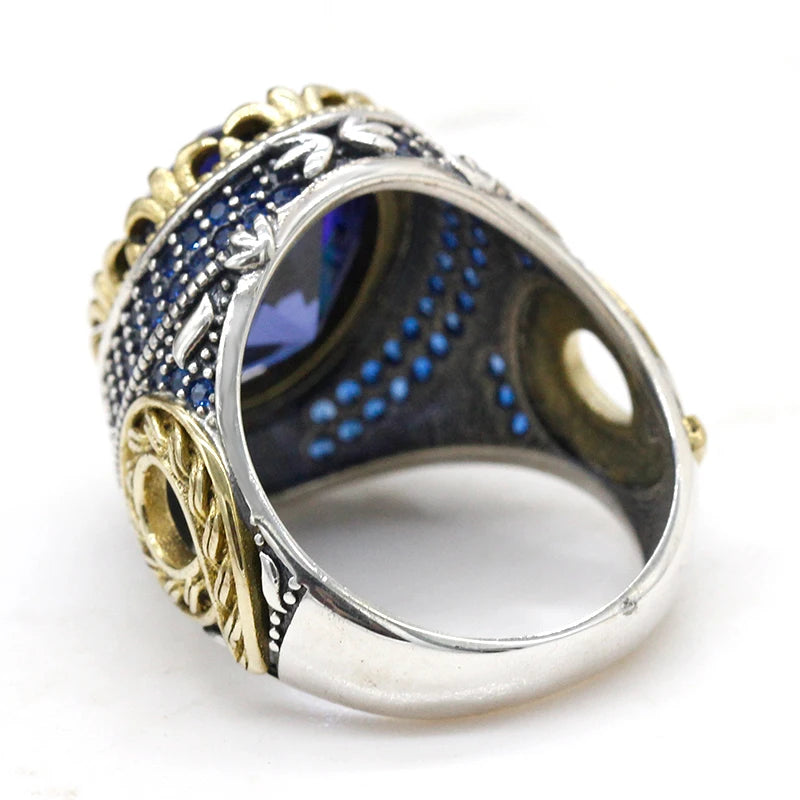 New Men's Ring 925 Sterling Silver with Blue Zircon Vintage Couple Ring Thailand Silver Jewelry Set Woman For Ring