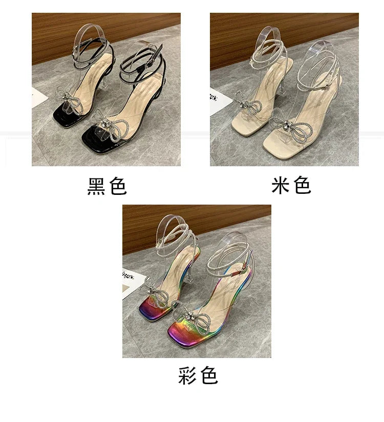 Sexy Rhinestone Bowknot Women's Sandals Jelly Transparent High Heels Summer Ankle Buckle Strap Party Shoe