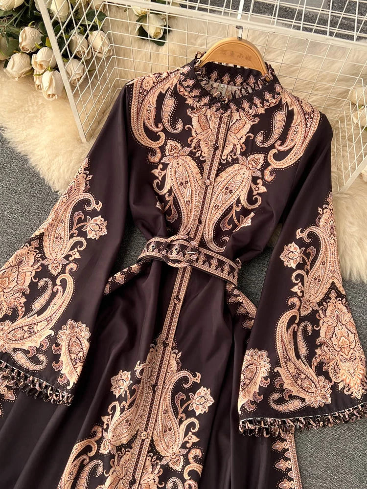 Spring Autumn Retro Long Dress Women Standing Neck Flared Sleeve Printed Party Dresses Ladies Slim A-line Court Style Long Robe