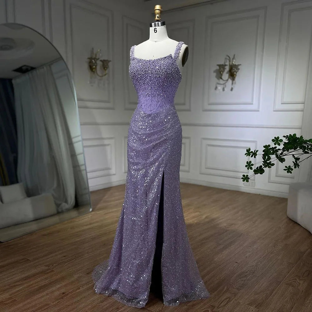 Serene Hill Beige Mermaid Floor Length Evening Gowns Luxury Beaded Crystal Spaghetti Strap Party Drsses For Women 2024 LA72163