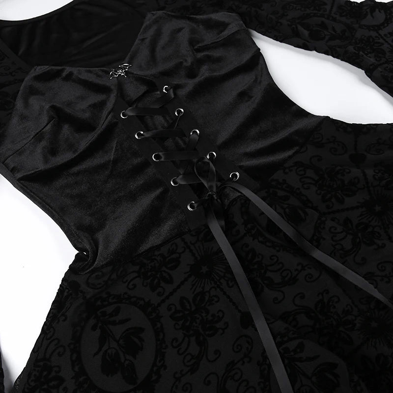 InsGoth Gothic Long Sleeve Ruffle Mini Dress Women's Vintage V Neck Velvet Stretchy Bodycon Cocktail Dresses Victorian Blouse