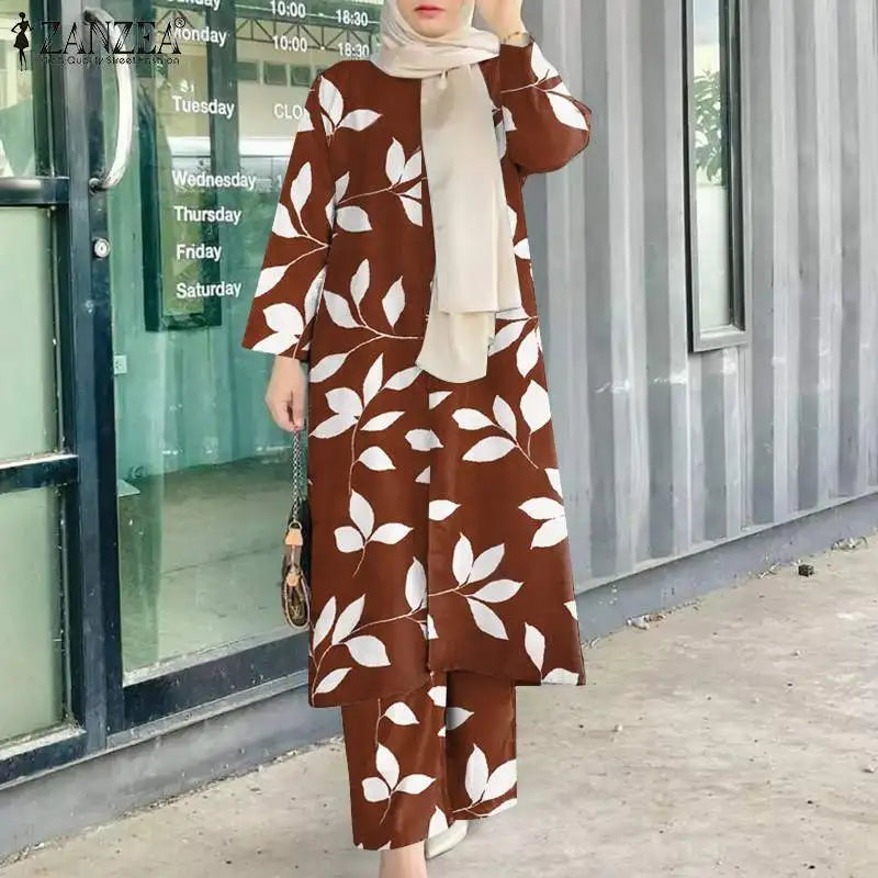 ZANZEA Vintage Women Long Sleeve Blouse Pant Sets 2PCS Floral Printed Loose Abayas Turkey Kaftan Casual Fall Muslim Trouser Suit