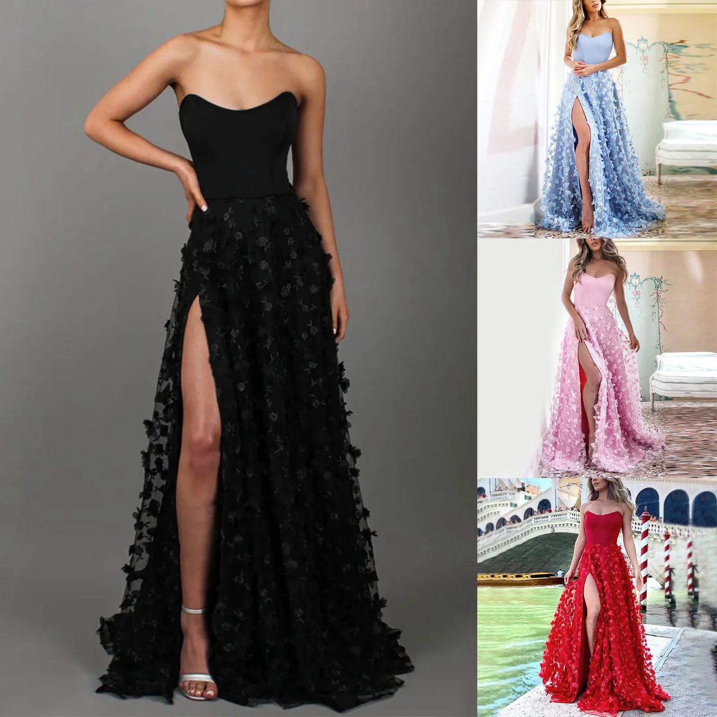 Sexy Floral Feather Tassel Strapless Long Wedding Dress Women Elegant Backless Bandage Evening Formal Party Prom Ball Gown Robes