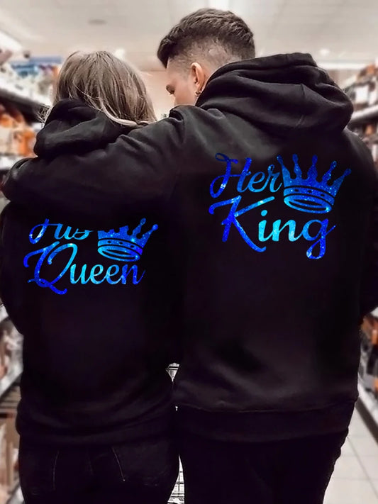 Couple Sweatshirt Matching Set Her King and His Queen Print Lover Hooded Fashion Crown Women Men Hoodies Long Sleeve Streetwear
