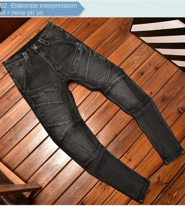 Motorcycle Jeans Black and Gray for Men 2024 Fashion Rock Skinny Pants Personality Stitching Vintage Men's Skinny Trousers