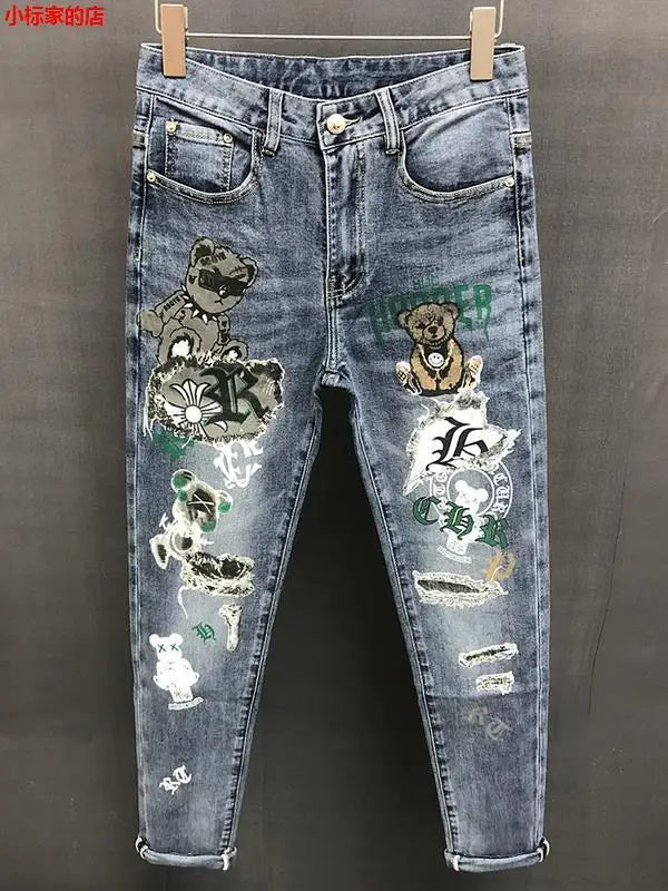 New Arrival Slim Fit Denim Jeans Cute Cartoon Bear Print for Men's Casual Spring Autumn Stretch Slim Jeans Hombre Graphic Jeans
