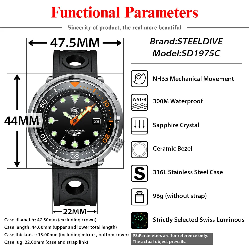 New Tuna Can Classic Watch For Men STEELDIVE SD1975C Super Luminous Ceramic Bezel 300M Waterproof NH35 Movement Dive Wristwatch
