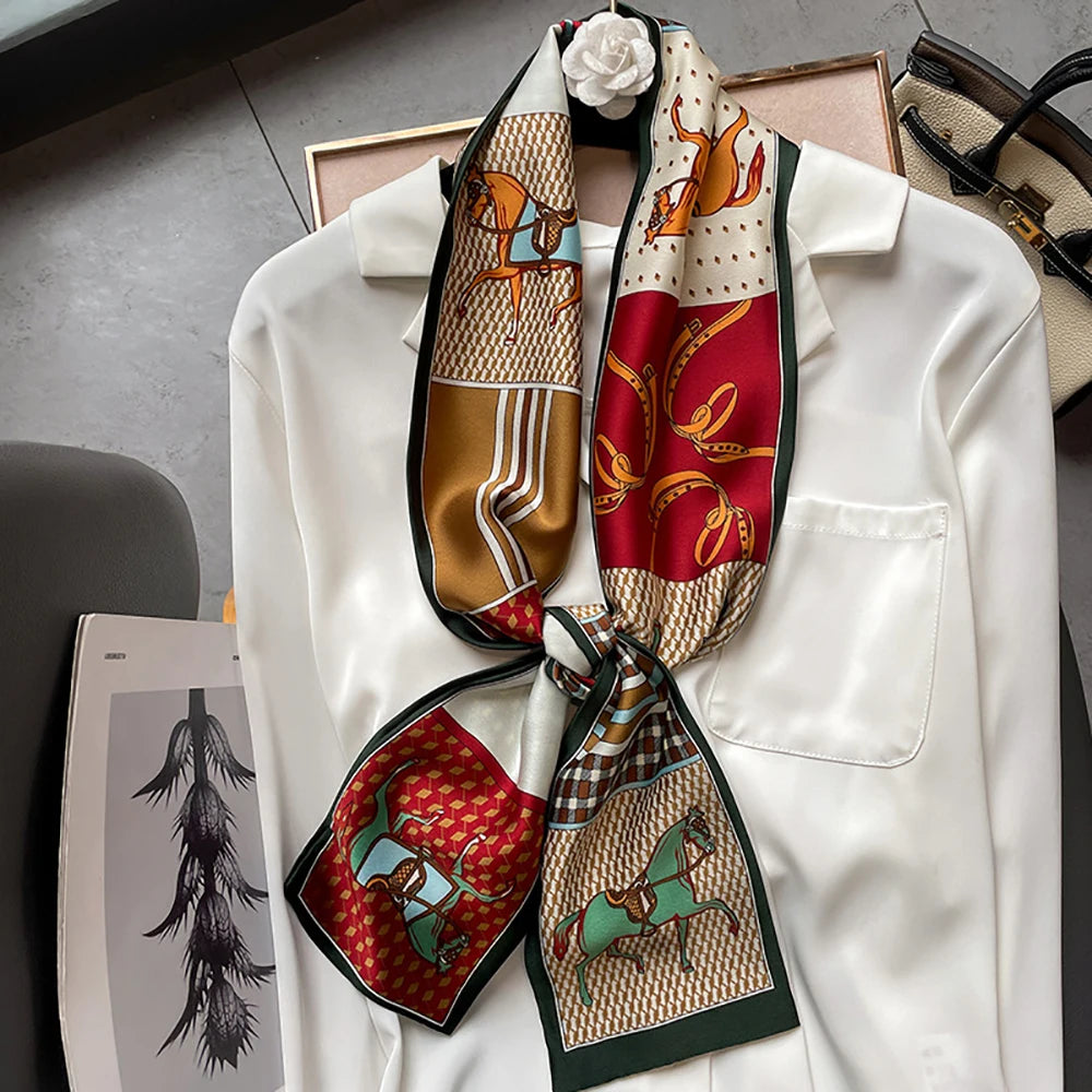 Luxury Print Imitation Silk Scarf Headband Neckerchief Foulard Female Hair Scarfs Neck Tie Skinny Scarves Soft Satin