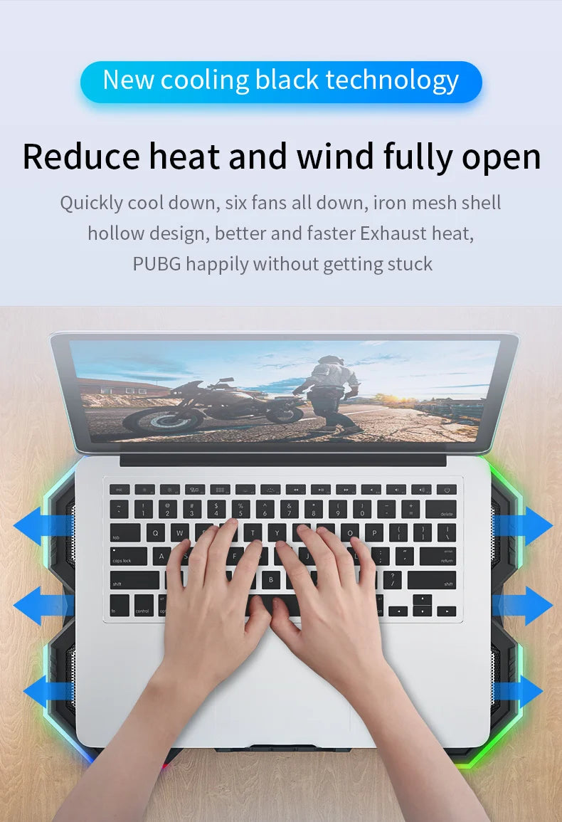 Laptop Cooler Cooling Pad 6 Fans Rgb Laptop Cooling Stand Cooler Radiator Base Notebook Holder with LED Phone Expansion Holder