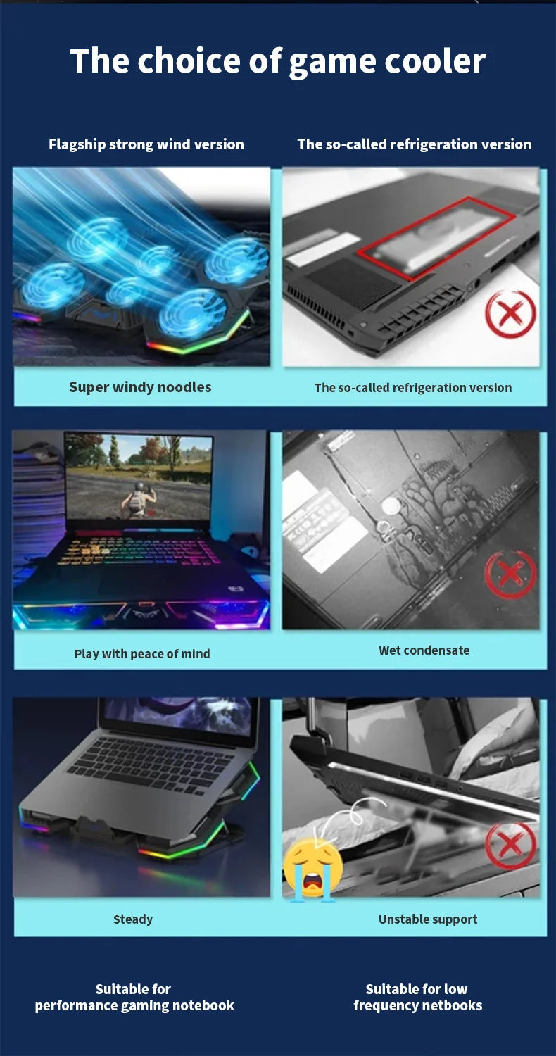 Laptop Cooler Cooling Pad 6 Fans Rgb Laptop Cooling Stand Cooler Radiator Base Notebook Holder with LED Phone Expansion Holder