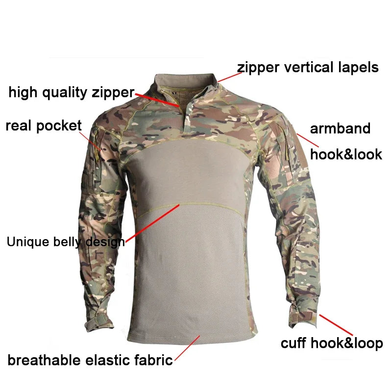 Combat Shirts 1/4 Zip Long Sleeve Tactical Shirts Breathable Outdoor Hiking Shirts Pullover Tops Hunting Clothes Wear Resistant