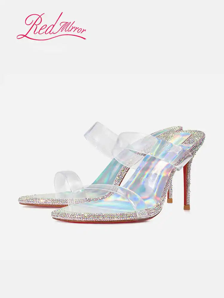 Transparent PVC Rhinestone Women's sandals Red Shiny Bottoms heeled sandals trend 2024 High-heeled slippers Luxury party women
