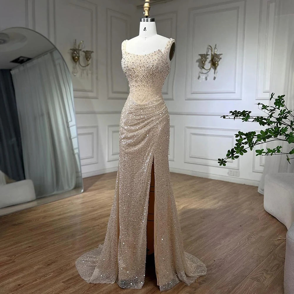 Serene Hill Beige Mermaid Floor Length Evening Gowns Luxury Beaded Crystal Spaghetti Strap Party Drsses For Women 2024 LA72163