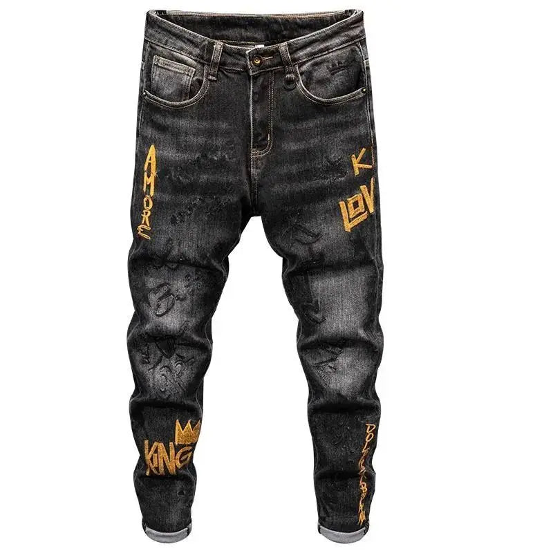 Fashion High-end Korean Luxury Streetwear Punk Casual Slim Fit Denim Jeans for Spring and Autumn with 3D Embroidery Design Jeans