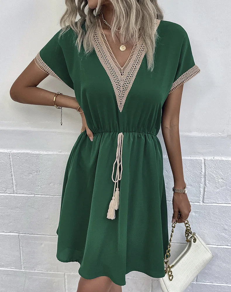 High Quality Dress Women Summer 2024 Casual Hollow Lace Patchwork V-neck Short Dress Tassels Tied Waist Belt Vintage Vestido Y2k
