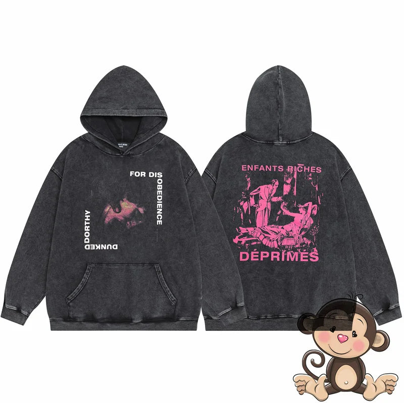 Retro washed black ERD hoodie loose casual men's and women's sportswear
