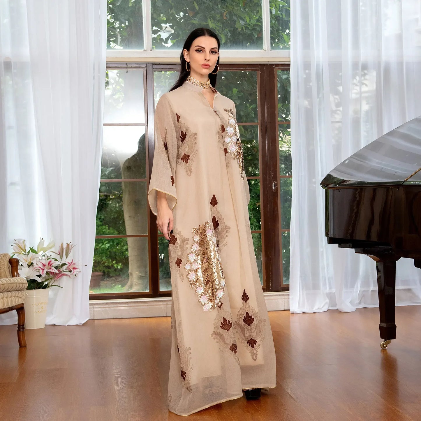 Mesh Sequins Embroidered Abaya Dress for Women Winter 2024 Middle East Arab Oman Dubai Muslim Moroccan Caftan Party Clothes Eid