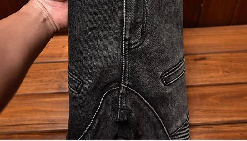 Motorcycle Jeans Black and Gray for Men 2024 Fashion Rock Skinny Pants Personality Stitching Vintage Men's Skinny Trousers