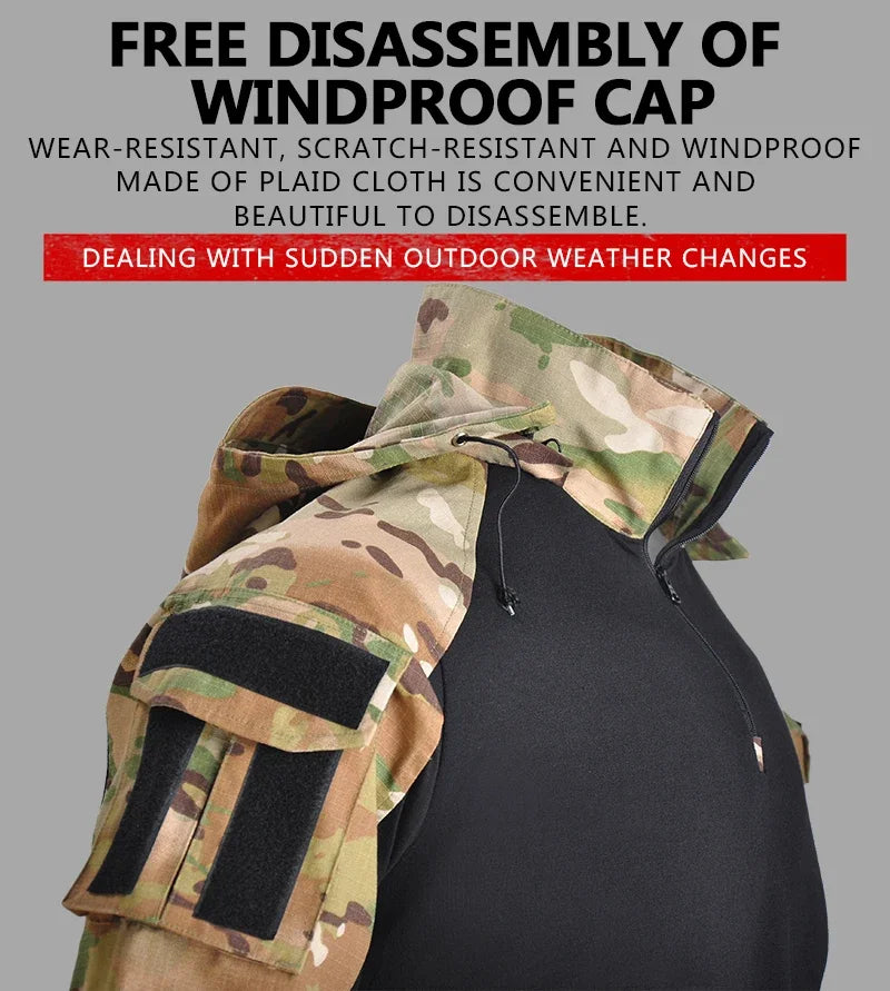 Outdoor Paintball Tactical Suits Uniform Camo Hunting Pants with Pad Airsoft Clothes Sets Combat Shirts with Hood Wear Resistant