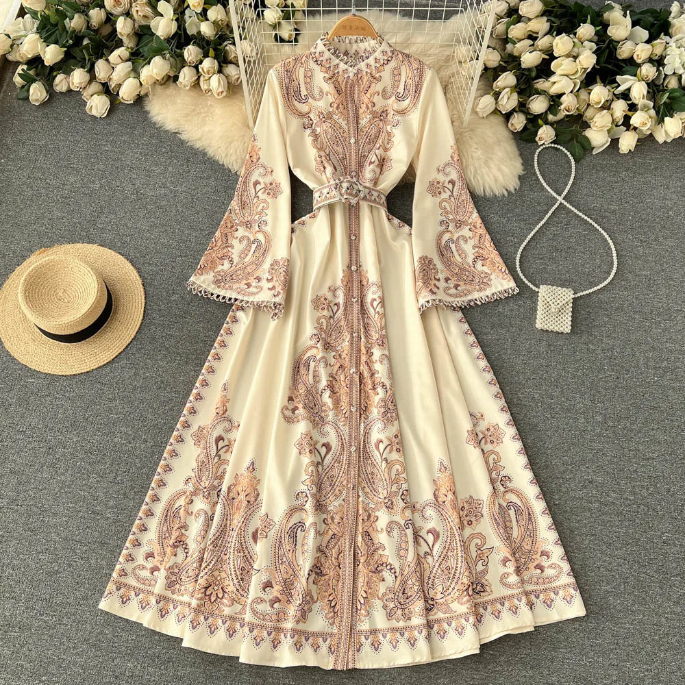 Spring Autumn Retro Long Dress Women Standing Neck Flared Sleeve Printed Party Dresses Ladies Slim A-line Court Style Long Robe