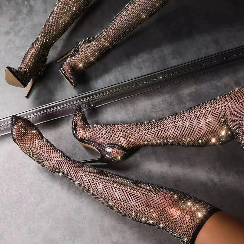 Aneikeh Sexy Bling Rhinestone Mesh Shoes Over The Knee Boots Women Pointed Toe Sandals Nightclub High Heels Botas Femininas 2024